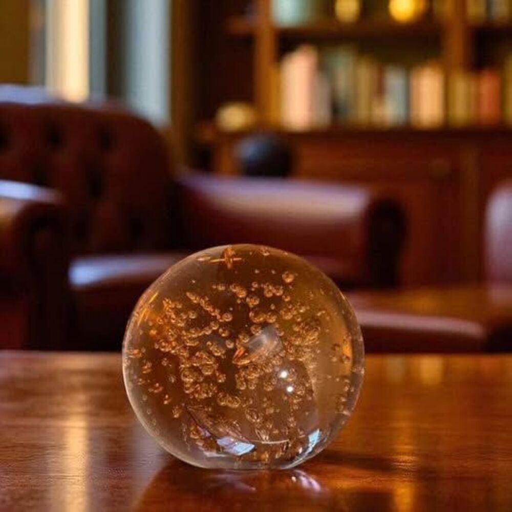 Vintage Amber Controlled Bubbles Round Murano Style Glass Paperweight